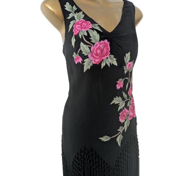 Sue Wong Sz 10 Vintage Y2K Black Silk Embroidered Fringed Dress EUC - Picture 4 of 9
